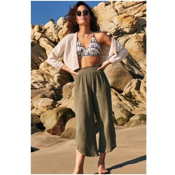 Marine Layer Corinne Wide leg Pant XS olive green gauze crop elastic waist - Picture 9 of 9